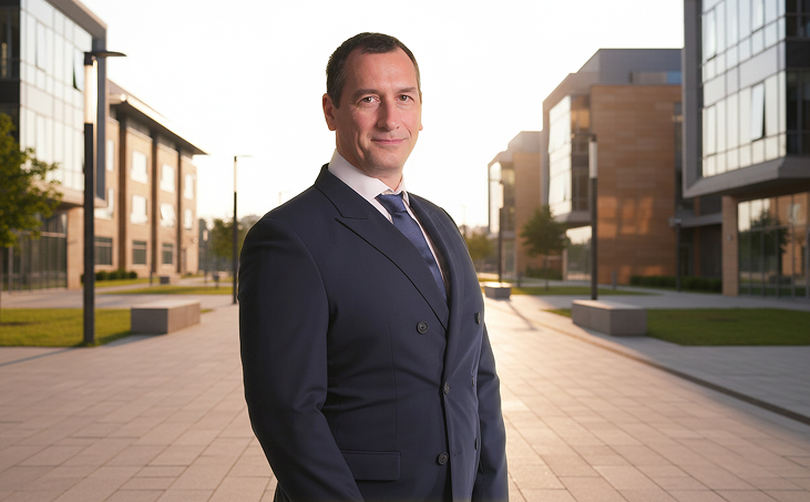 Official portrait of Guillaume PG Lamory, founder of GPG Lamory Consulting, in front of a company alley