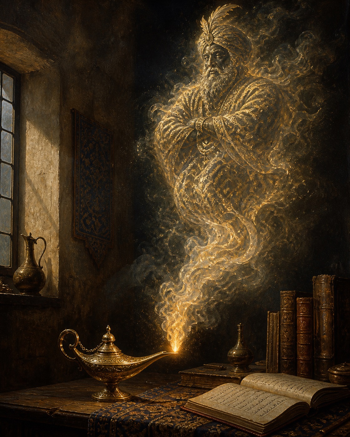 In the form of a painting by Vermeer, the genie of the lamp