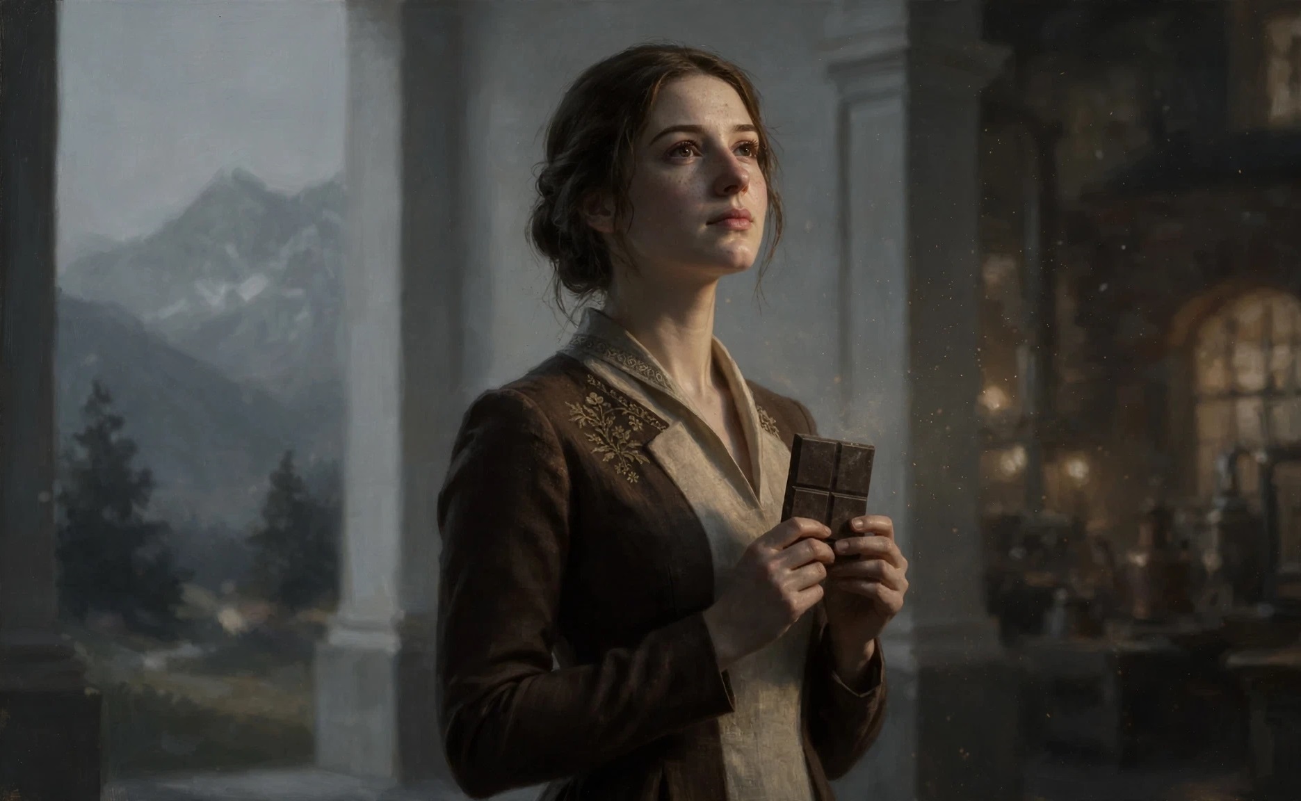 Corporate Allegory in a period of disgrace: a dignified female figure holding a chocolate bar in cold, dimmed light, with no logo or brand.