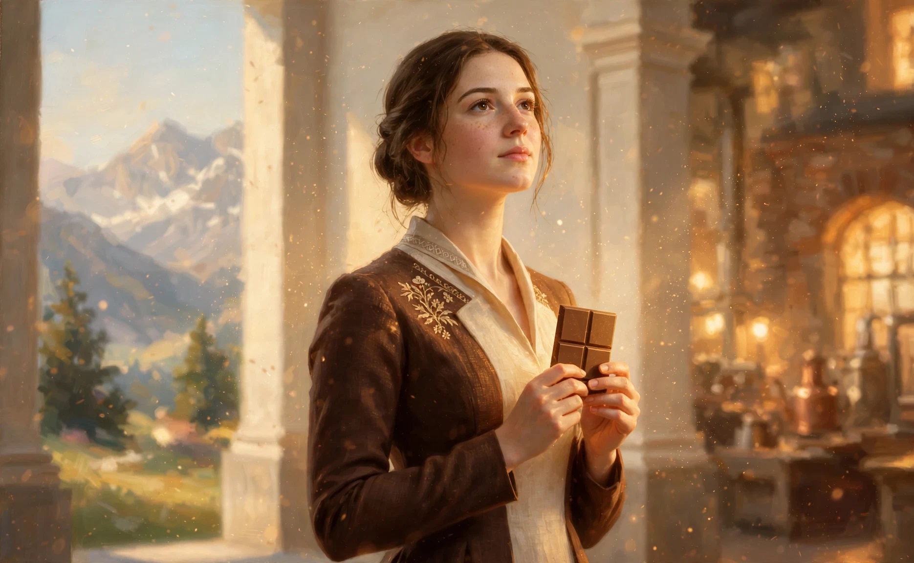 Corporate Allegory in a period of glory: a female figure lit by warm golden light emanating from the chocolate she holds, with no logo or brand.